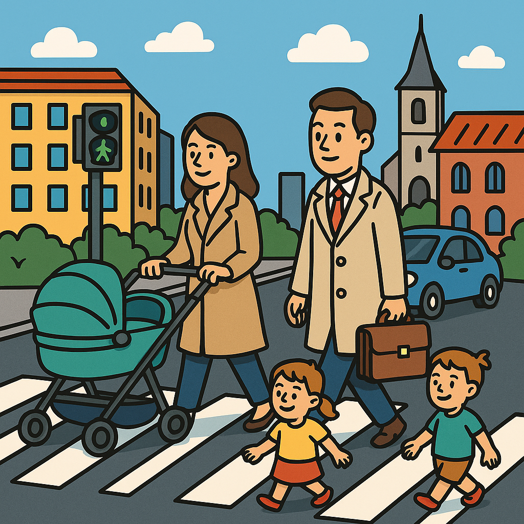 Comic-Bild Stadt mit Familie