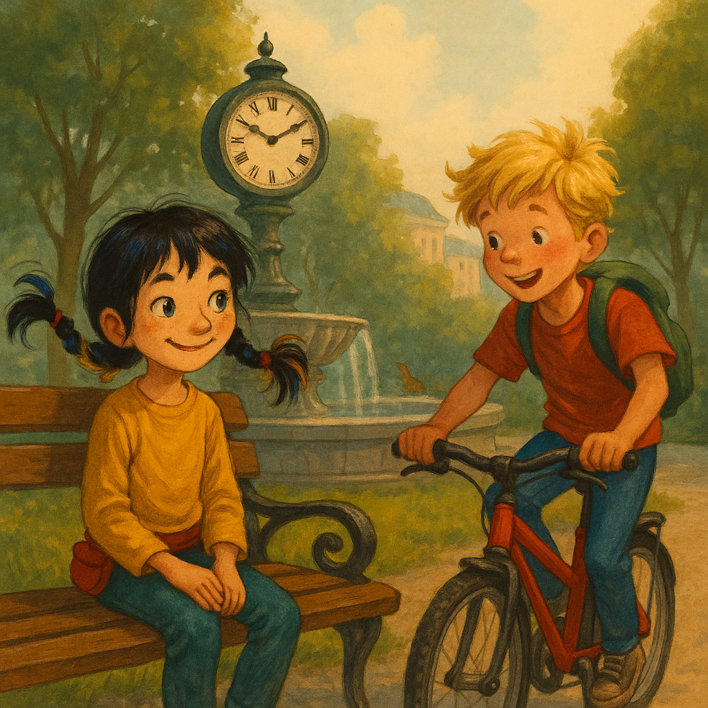 Elias kommt mit dem Fahrrad, Nala teilweise sichtbar