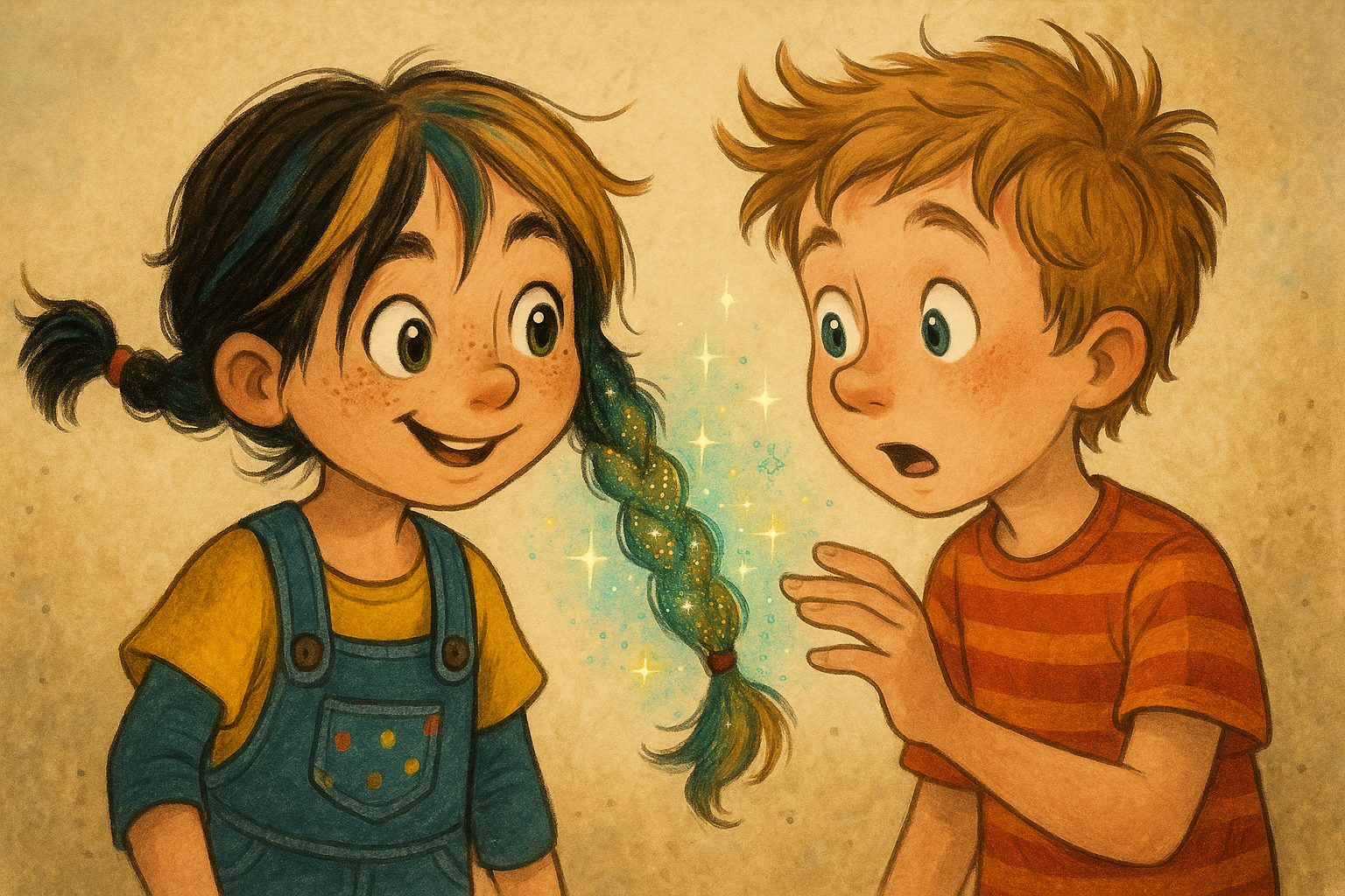 Nalas Haare glitzern und Elias ist erstaunt
